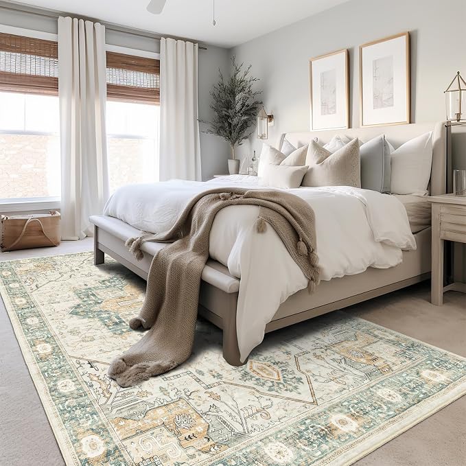 Roxstand 6x9 Washable Area Rug, Low Pile Non Slip Rug, Green/Grey | Large Area Rug, Non-slip Backing, Super-Soft Floral Vintage, Low Pile, For Living Room, Bedroom, Dining Room, Office