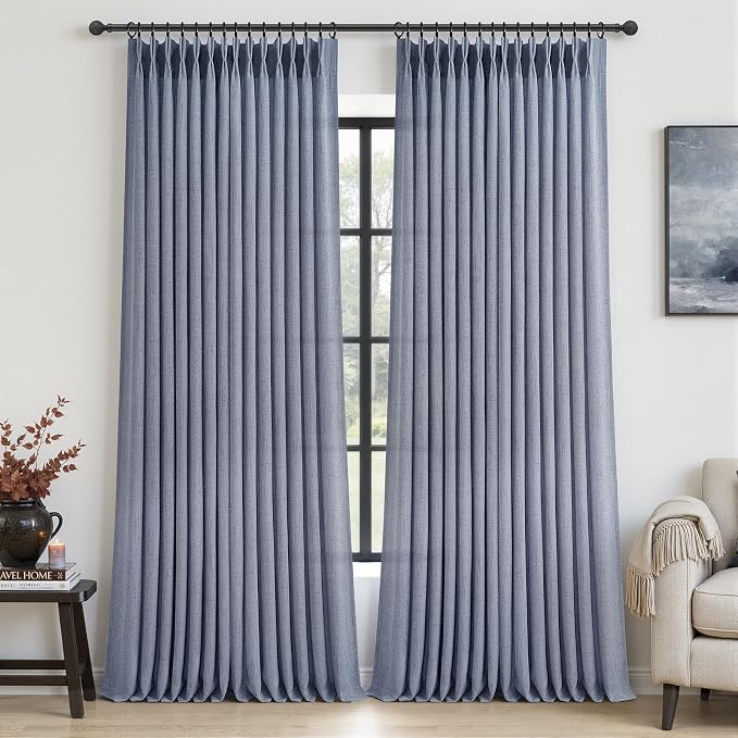 Extra Long 108 Inch Dusty Blue Pleated Linen Light Filtering Sheer Curtains