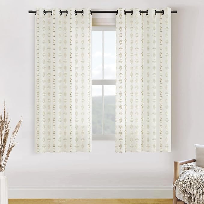 63 Inch Length Striped Linen Semi Sheer Curtains for Living Room, Tan Boho Farmhouse Curtains for Bedroom Dining Room Kitchen 2 Panel Set