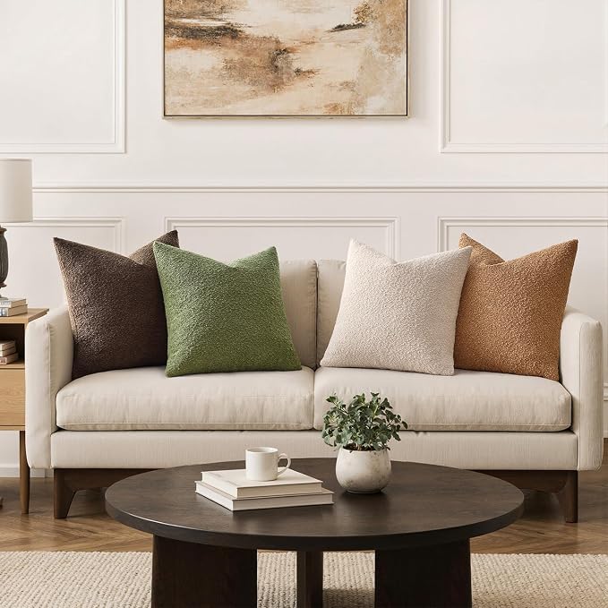 MIULEE Pack of 4 Decorative Textured Boucle Throw Pillow Covers | 20x20 Inch Green Brown Accent Pillow Cases Soft Couch Cushion Covers Modern Farmhouse Boho Sofa Bed Livingroom Home Decor