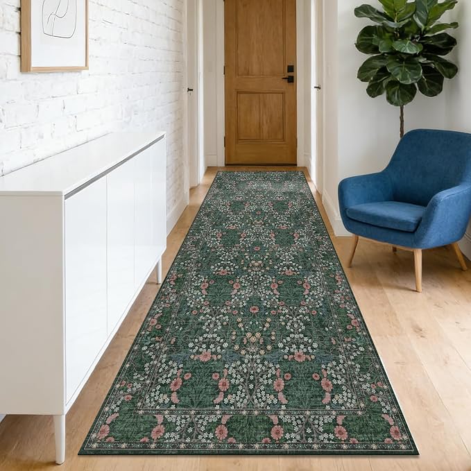 Washable 2'6" x 10' Runners for Hallways, Non Slip Long Floor Runner for Kitchen, Entryway Indoor, Stain Resistant Rubber Backing Floral Decor Rug (Green)