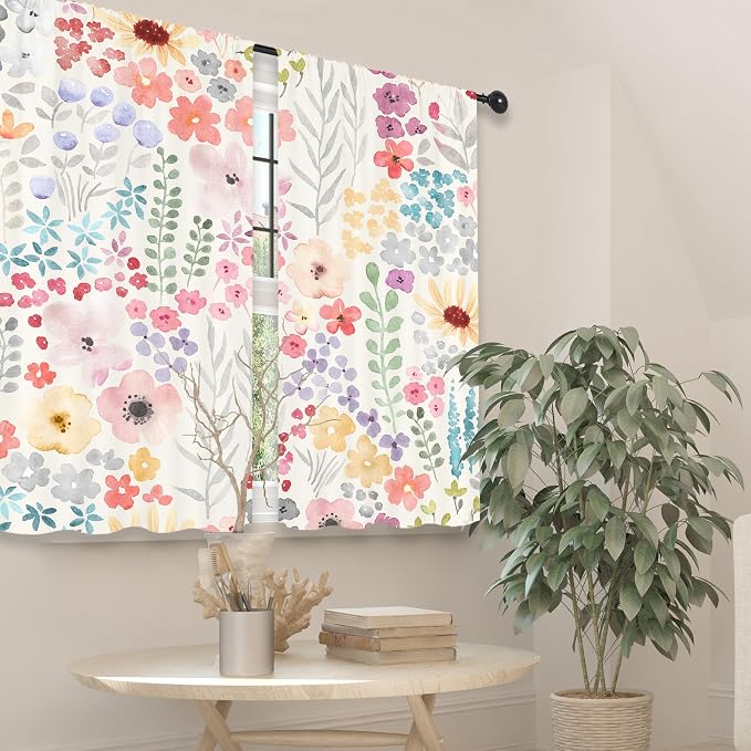 Riyidecor Colorful Floral Kitchen Curtains Short Small Pink Cute Boho Wildflower Trendy Watercolor Plant Leaves Botanical Rod Pocket Girls Bedroom Living Room Treatment Fabric 2 Panels 27.5Wx39H Inch