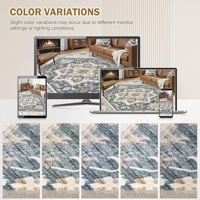 Area Rug for Living Room - 7x9 Washable Oriental Vintage Floral Distressed Large Soft Carpet - Fade Stain Resistant Non Slip Rugs for Bedroom Dining Room Nursery Dorm Office Home Decor - Vintage Blue