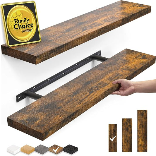 BAYKA Floating Shelves Set of 2, 22.5 inches Farmhouse Rustic Wood Wall Mounted Shelves for Bathroom, Bedroom, Living Room or Kitchen, Hanging Shelf Decor Book with 22lbs Capacity, Rustic Brown