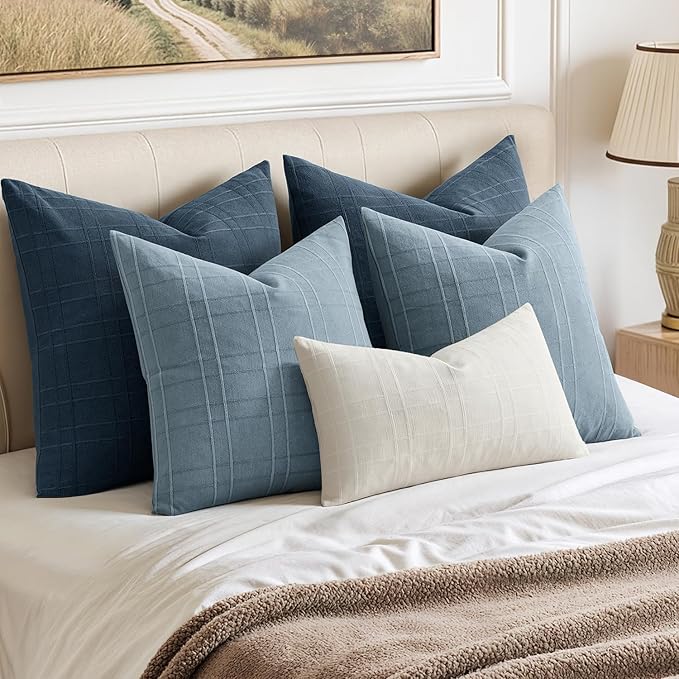 MIULEE Decorative Linen Check Throw Pillow Covers Neutral Farmhouse Vintage Pillow Covers 18x18 Set of 2 Boho Modern Home Decor for Sofa Couch Bedroom Cushion Blue Grey