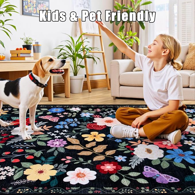 10x14 Area Rugs for Living Room: Floral Washable Rug Vintage Large Soft Boho Non-Slip Carpet Stain Resistant Low Pile Carpets for Bedroom Dining Room Farmhouse Nursery Hallway Home Office Black