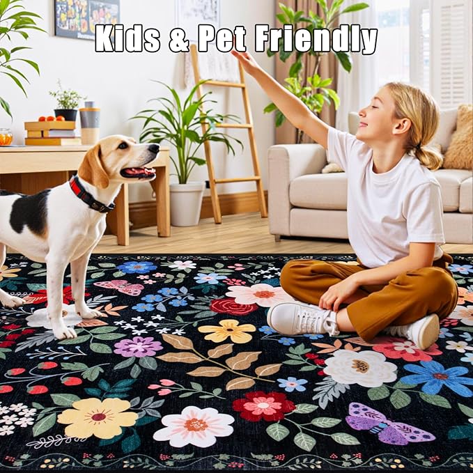 Runner Rug for Entryway: 2x5 Kitchen Rugs Non Slip Washable Ultra-Thin Soft Floral Carpet Indoor Floor Stain Resistant Carpets for Hallway Bedroom Kitchen Laundry Bathroom Dorm Black