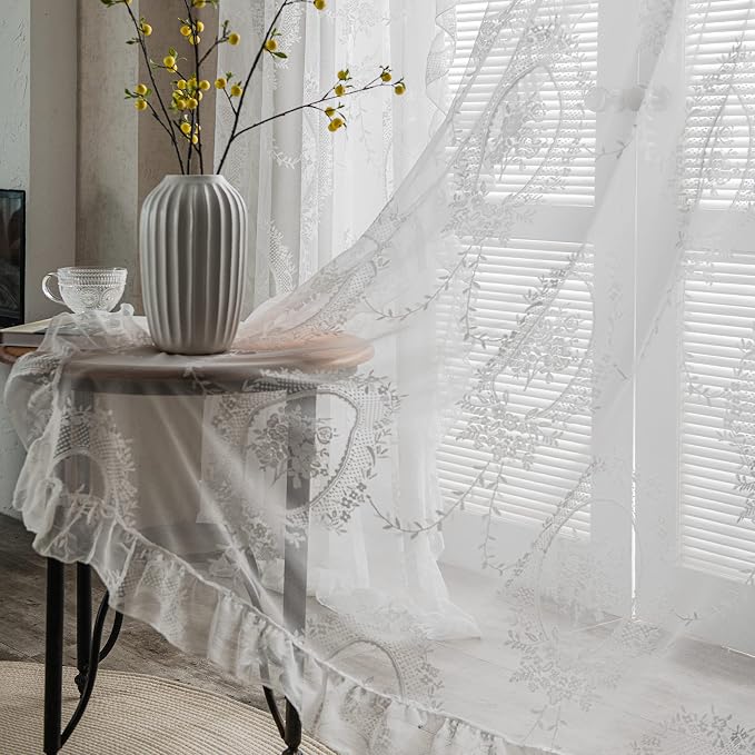 Sutuo Home White Lace Curtains 96 Inches Long 2 Set, Sheer Panels Rose Floral Embroidery Vintage Voile Window Treatment Pair for Bedroom Living Room, Retro Christmas Decor Rod Pocket, W57 x L96