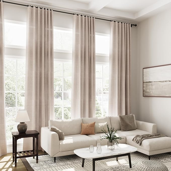Extra Long Curtain 108 Inches Long 2 Panels Set Back Tab Oatmeal Linen Drapes for Living Room Neutral Farmhouse Light Filtering Semi Sheer Linen Curtains 108 Inch Length for Large Window 9 FT Tall