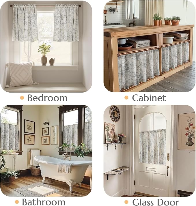 jinchan Floral Linen Tier Curtains Grey Flower on Beige Cafe Curtains 24 Inch Length Kitchen Living Room Bedroom Bathroom Farmhouse Rustic Country Rod Pocket 2 Panels