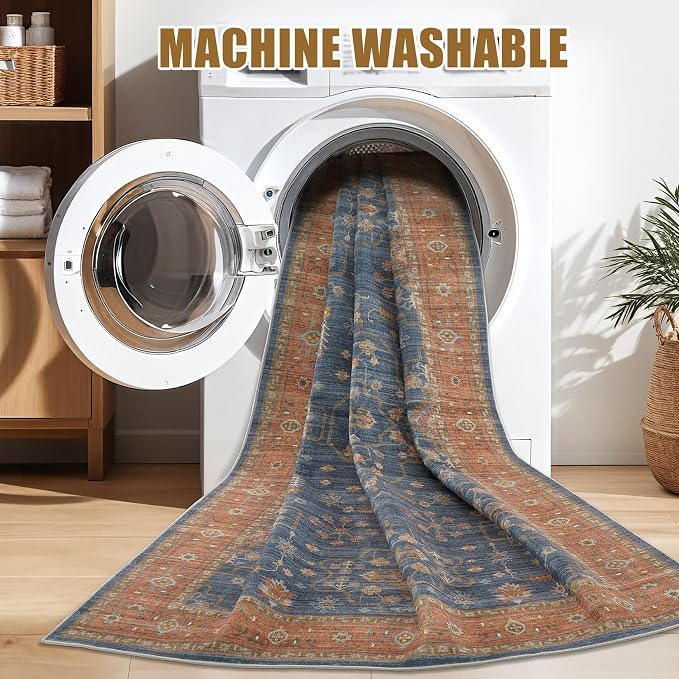 5x7 Area Rug for Living Room- Machine Washable Soft Oriental Vintage Large Indoor Floor Carpet for Bedroom Under Dining Table Home Office Decor - Blue Terracotta