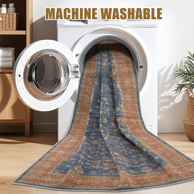 8x10 Area Rug for Living Room- Machine Washable Soft Oriental Vintage Large Indoor Floor Carpet for Bedroom Under Dining Table Home Office Decor - Blue Terracotta
