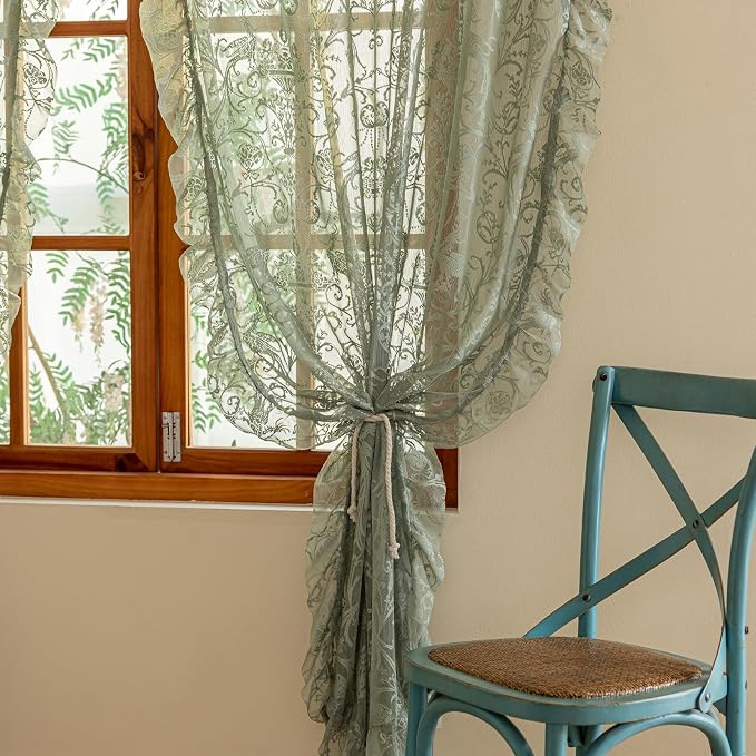 TUDECO Sage Green Lace Sheer Curtains 96 Inches Long 2 Panles | French Floral Pattern, Ruffle Edges,for Dining Room Living Room, Light Filering Privacy, Spring Summer Decor, 59 x 96 Inch