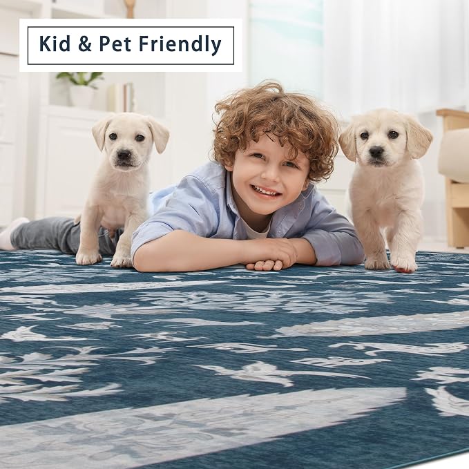 Srugn Washable Rugs 8x10 Area Rugs for Living Room,Bedroom,Dining Room- Large Ultra Soft Faux Wool Retro Carpet,Non Slip&Non-Shedding Low Pile Vintage Print Rug for Home Office Dorm Playroom-Blue