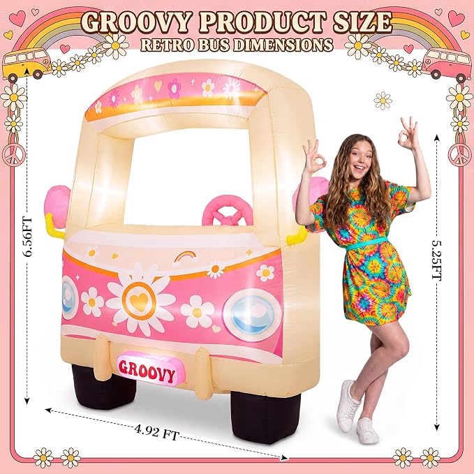 Soulchen 6ft Inflatable Hippie Bus with LED Lights and Powerful Blower Retro 60s 70s Boho Groovy Party Decoration Photo Booth Selfie Frame for Birthday Baby Shower Carnival