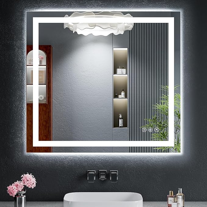30"x32" LED Bathroom Mirror with Lights for Vanity, Anti-Fog & Dimmable 3-Color, Stepless Brightness Adjustable Wall Mounted Mirror for Bathroom Makeup Shaving