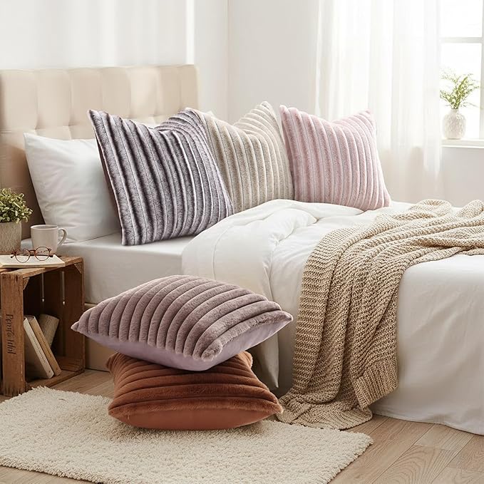 decorUhome Fall Cozy Faux Fur Throw Pillow Covers 24x24 Set of 2 Decorative Soft Plush Striped Modern Farmhouse Boho Couch Euro Sham Pillow Cases with Velvet Back for Sofa Bed Living Room, Brown