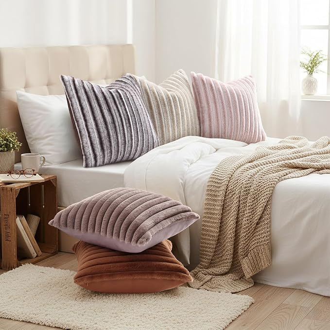 decorUhome Fall Cozy Faux Fur Throw Pillow Covers 16x16 Set of 2 Decorative Soft Plush Striped Modern Farmhouse Boho Couch Pillow Cases with Velvet Back for Sofa Bed Living Room, Beige White