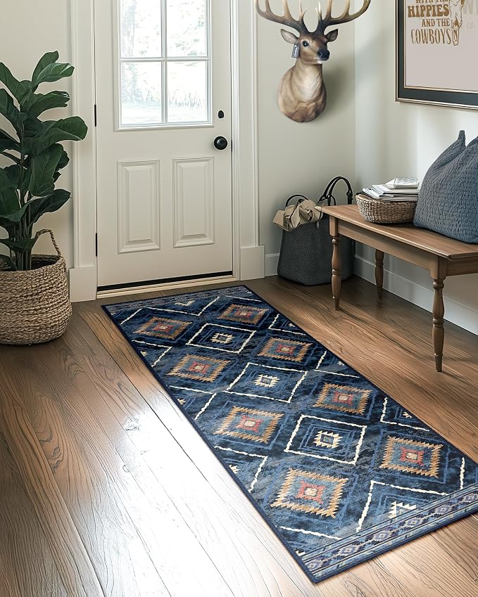 BESTSWEETIE Area Rug 2x6 Rug Machine Washable Non-Slip Low Pile Print Pattern Western Rug for Living Room Bedroom Entryway Tribal Series -Darkblue