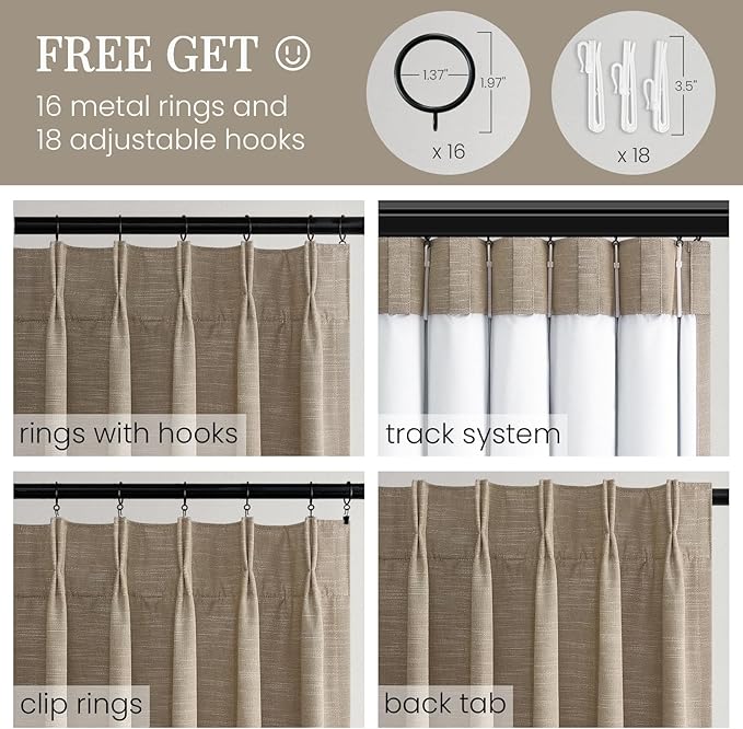 Topfinel Taupe Blackout Pleated Curtains 102 Inches Long 100% Light Blockout Linen Panels for a High-End, Neutral Living Room Ambience Memory-Trained Pleats for Teen Boys Room Decor 40" W*102" L