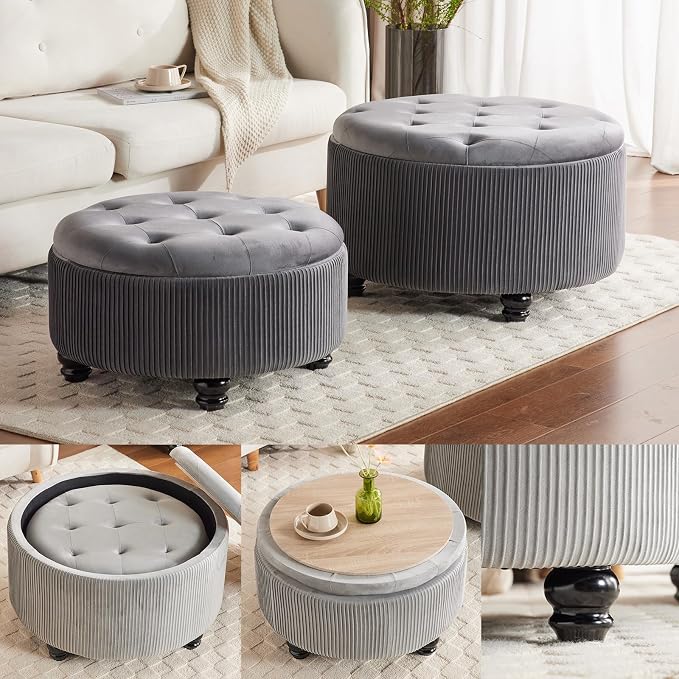 29&24.5inch Large Round Storage Ottoman Coffee Table Set of 2 Modern Button Storage Coffee Table with Removable Lid for Living Room Upholstered Footrest Stool for Bedroom (Large-Grey)