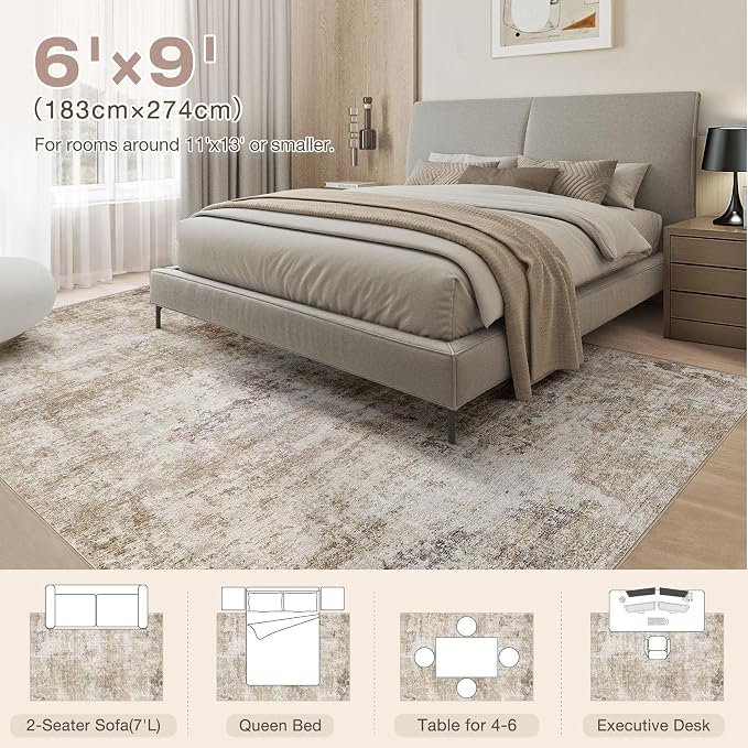 Abstract 6x9 Area Rug: Machine Washable Non Slip Ultra Thin Low-Pile Carpet, Soft Stain Resistant for Living Room Bedroom Nursery, Kid Pet Friendly, Robot Vacuum Compatible - Brown