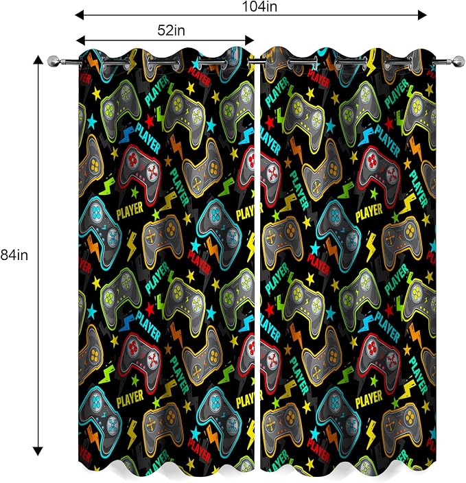 Gamer Gaming Blackout Curtains Kids Boys Girls Teens Colorful Video Game Controller Decor for Teenage Men Dad Son Child Game Handle Bedroom Room Darkening Grommet Window Drapes 2 Panels, 52"x84"