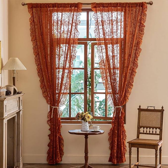 TUDECO Lace Orange Curtains for Living Room 108 Inches Long - Cottage Core Floral Sheer Long Rust Colored Curtains 2 Panels, Rod Pocket Privacy Orange Bedroom Decor, 59W x 108L Inch