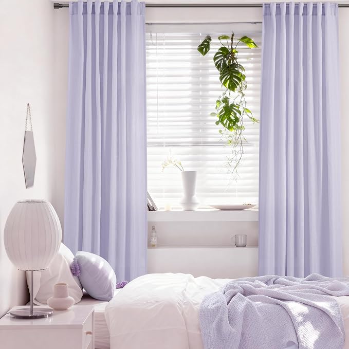 Lavender Semi Sheer Linen Curtains 96 Inches Long 2 Panels Set for Living Room Back Tab Light Filtering Long Drapes Modern Farmhouse Light Violet Purple Bedroom Decor 52X96