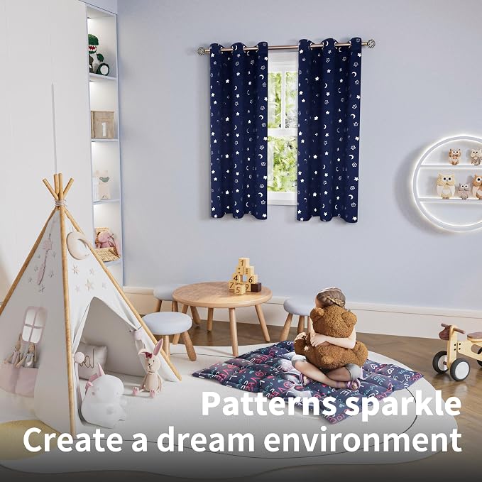 BGment Kids Curtains for Nursery, Short Star and Moon Room Darkening Curtains for Bedroom 63 Inch Long, Blackout Thermal Insulated Window Drapes for Boys Girls, Navy, 42 Wide, 2 Panels