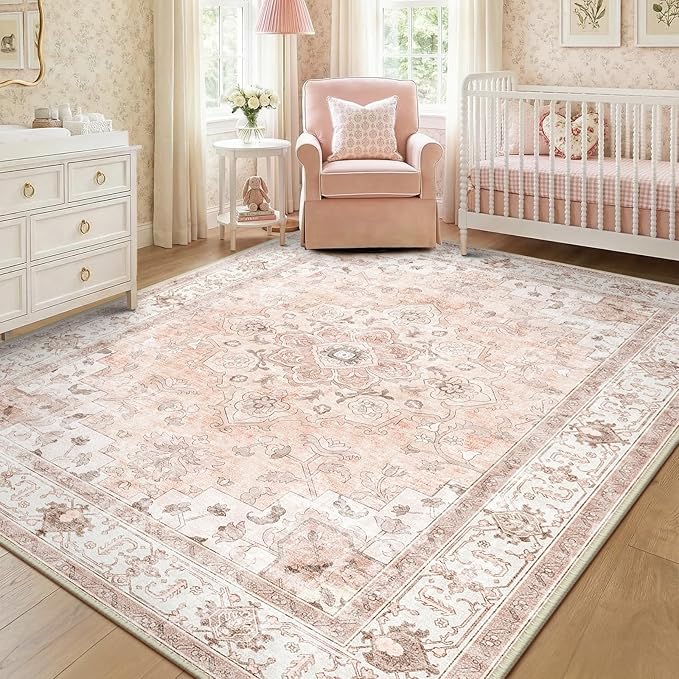 CAPALOCA Machine Washable Rugs Nursery Rug 8x10 Cute Girl Non Slip Low Pile Water Repellent Soft Print Pattern for Bedroom Indoor Decor Kids Playroom Pink