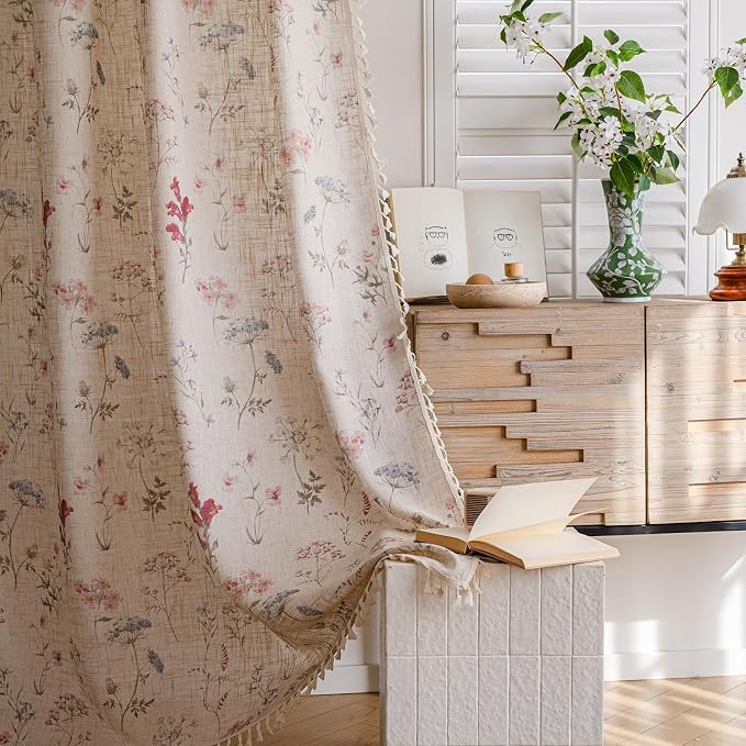 OYX Boho Floral Curtains 63 Inch Length 2 Panels, Linen Farmhouse Curtains Light Filtering Drapes with Tassels for Bedroom Living Room, Vintage Rustic Printed Rod Pocket