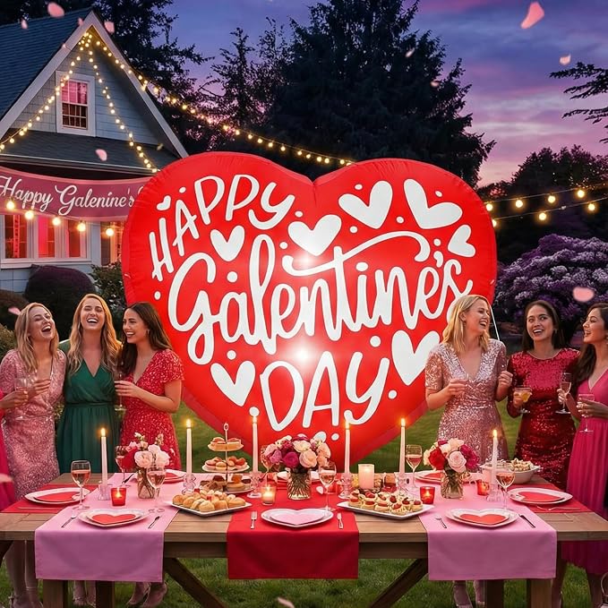 VIHOSE Happy Galentines Day Inflatables Decorations 4.3 ft Pink Valentine Day Blow up Decor Heart LED Lights Inflatable Decor for Ladies Girls Friends Valentine Party Photo Props