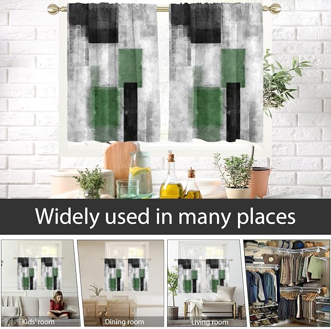 AAtter Green Window Curtains for Kitchen Black Gray Grey Olive Modern Funky Small Short Home Living Room Bedroom Bathroom Rod Pocket Drapes Treatment Tiers Fabric 1 Pair, 27.5" W x 36" L, Geometric