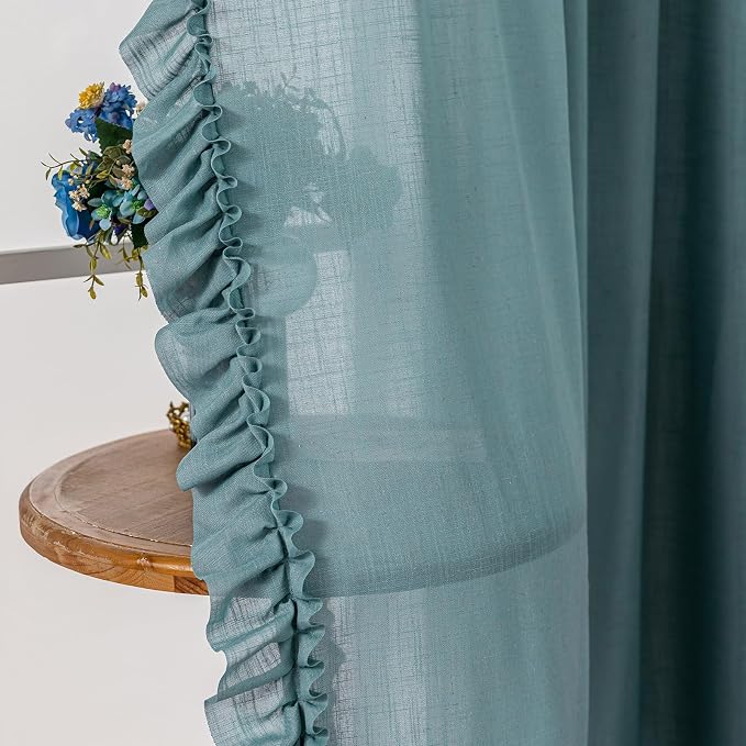 TERLYTEX Stone Blue Ruffle Curtains 84 Inches Long 2 Panels, 58 x 84 Inch, Linen Textured Flowy Window Curtains for Living Room Bedroom Rod Pocket Privacy Light Filtering Semi-Sheer Ruffled Curtain