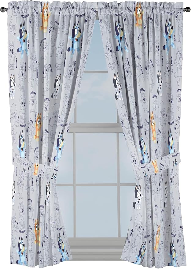 Jay Franco Window Curtains for Kids Bedroom 4-Piece Drape Set with 2 Tiebacks, Grey - Bluey, 42" W x 63" L (Pack of 2)
