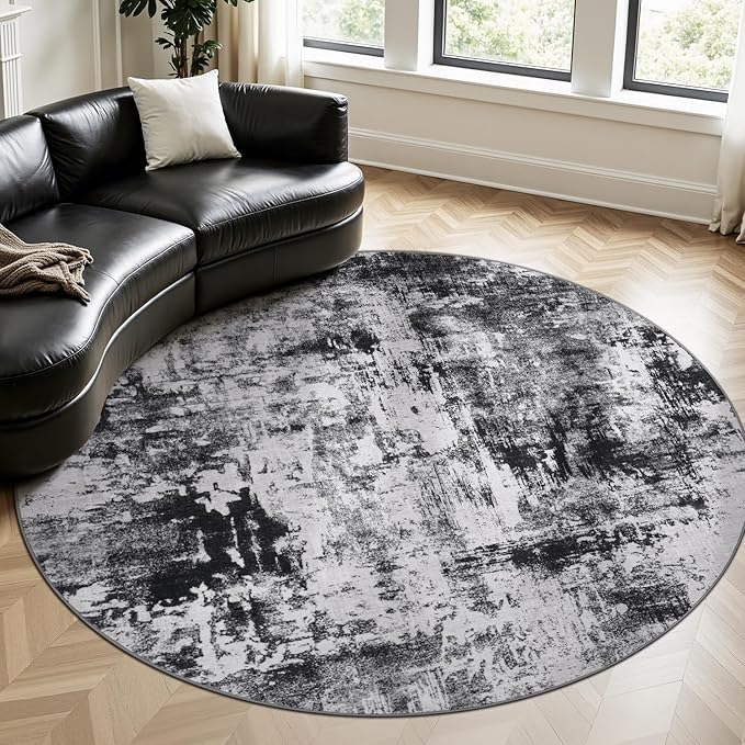 Rugflix Round Area Rugs 8Ft for Living Room, Washable Circle Rug Stain-Resistant Low Pile, Modern Dark Carpet for Bedroom Dining Room Home Office Kid Nursery Room, Black Grey