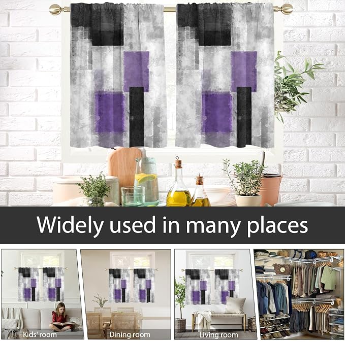 AAtter Purple Window Curtains for Kitchen Lavender Modern Abstract Plum Ombre Small Short Home Living Room Bedroom Bathroom Rod Pocket Drapes Treatment Tiers Fabric 1 Pair, 27.5" W x 36" L, Geometric