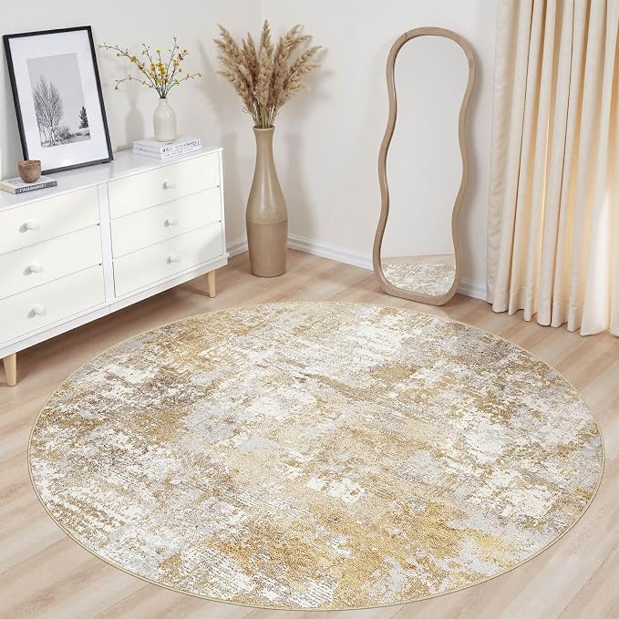 Tortania Washable 6' Round Area Rug for Living Room: Modern Abstract Neutral Large So' Thin Rugs - Non Slip Indoor Carpet for Bedroom Dining Room Office Nursery Home Floor Decoration - Brown Grey