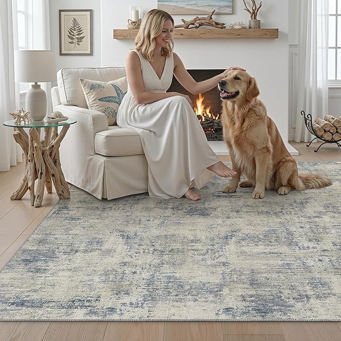 DEXI Washable Area Rug for Living Room 5x8, Modern Abstract Soft Indoor Large Rugs, Stain Resistant Low Pile Carpet with Non Slip Backing for Dining Bedroom Office, Blue