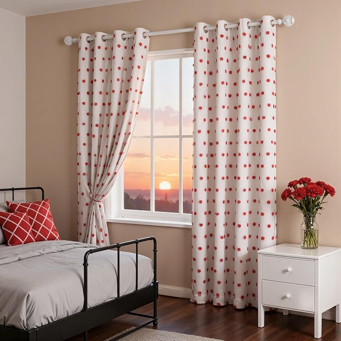 MYSKY HOME Blackout Curtains for Nursery Thermal Insulated Red Pom Pom Curtains 72 Inch Long for Girls Bedroom 2 Panels White Sheer Curtains for Dining Room Door Grommet, 52 x 72 in