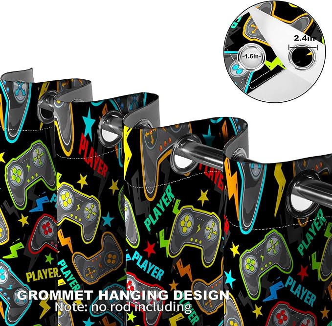 Gamer Gaming Blackout Curtains Kids Boys Girls Teens Colorful Video Game Controller Decor for Teenage Men Dad Son Child Game Handle Bedroom Room Darkening Grommet Window Drapes 2 Panels, 52"x84"