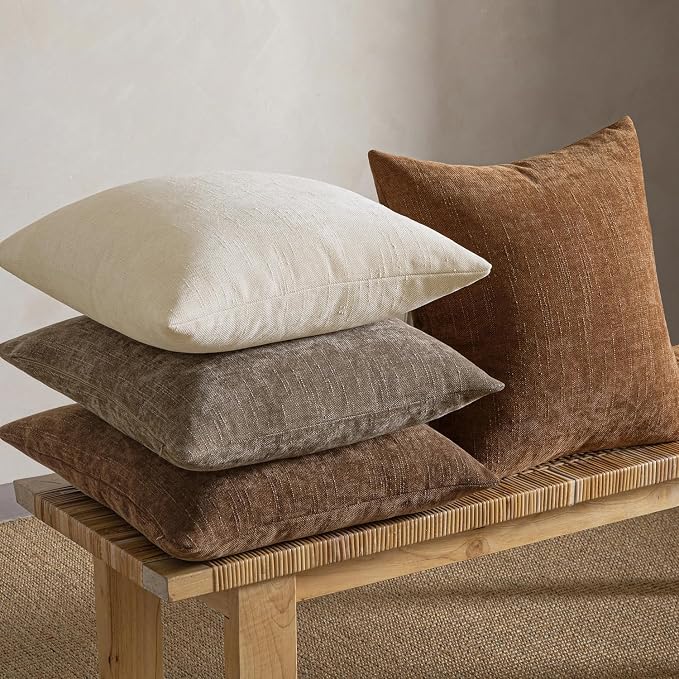 MIULEE Pack of 4 Fall Decorative Throw Pillow Covers 16x16 Inch Chenille Textured Throw Pillows Boho Farmhouse Cushion Covers Vintage Home Decor for Couch Sofa Bed Living Room，Beige Taupe Brown
