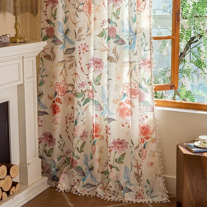 OYX Boho Floral Curtains 96 Inch, Linen Farmhouse Flower Drapes with Lace & Tassels, Light Filtering Semi Sheer Curtains for Living Room Bedroom, 2 Panels