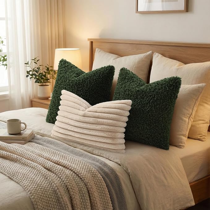 decorUhome Pack of 2 Throw Pillow Covers 20x20 Inch, Faux Fur Decorative Sherpa Pillow Covers Fuzzy Accent Soft Sheepskin Fleece Pillow Cases for Couch Living Room Bed, Olive Green