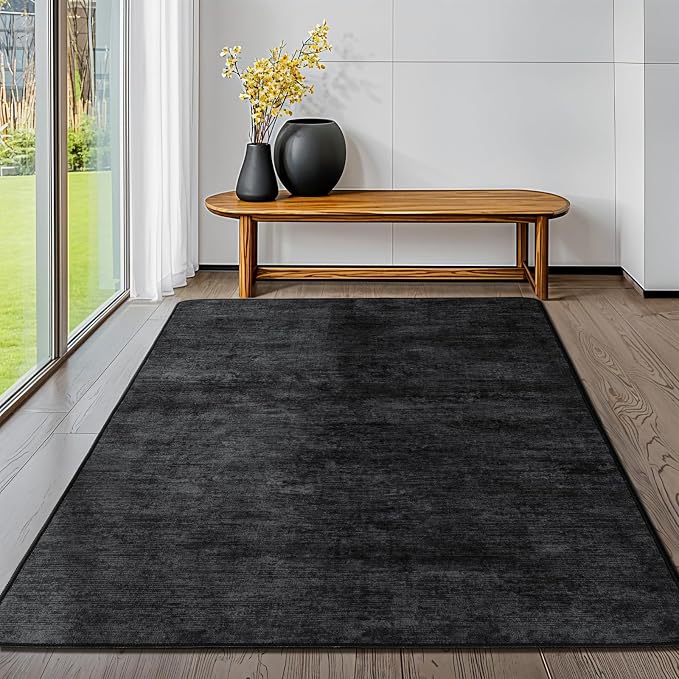 3x5 Washable Area Rug, Black Solid Area Rugs for Living Room & Bedroom | Stain-resistant & Non-slip backing,Low Pile Washable Large Carpet, Solid Vintage Style For High Traffic Areas(3x5,Black)