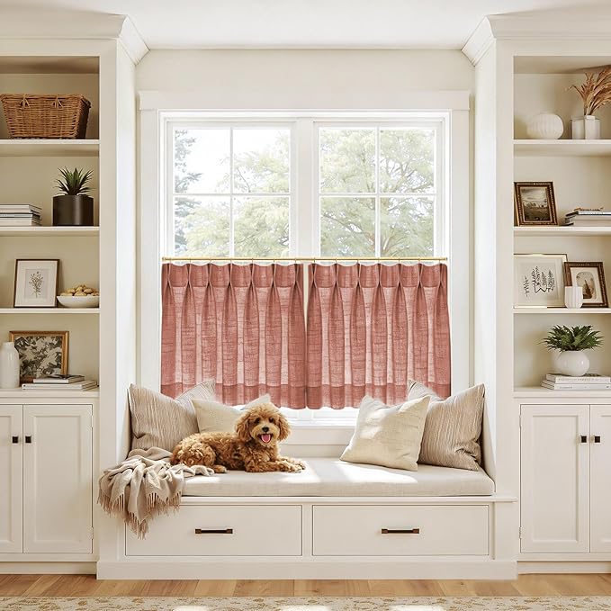 TWOPAGES 34" W x 24" L Linen Blend Cafe Curtains for Kitchen Window, Light Filtering Pinch Pleated Tier Curtains, Modern Farmhouse Half Window Curtains for Bathroom, FireBrick, 2 Panels