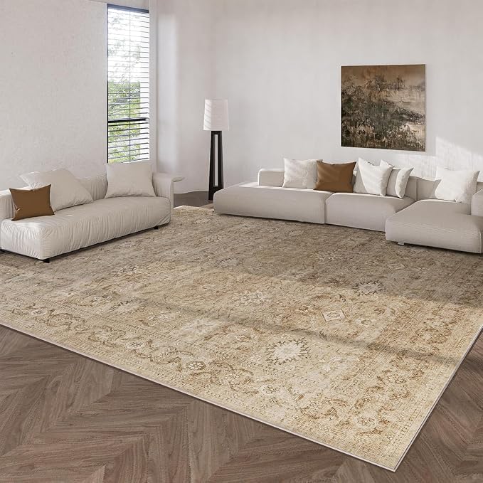 10x14 Area Rugs for Living Room: Large Washable Bedroom Rug Non Slip Low Pile Soft Faux Wool Non Shedding Distressed Lightweight Vintage Boho Carpet for Dining Room Kids Playroom Nursery Farmhouse