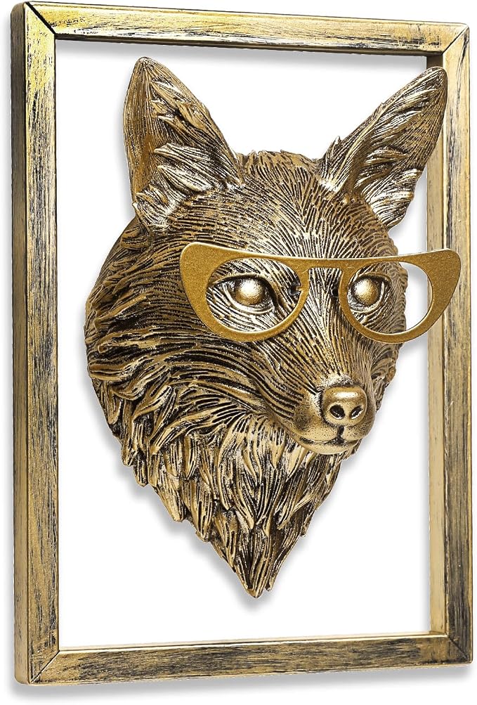 Newinhome Animal Heads Wall Decor (Includes Metal Frame) Resin Animals Sculptures Head Wall Hanging Decoration Gold vintage Wall Sculpture for Living Room Bedroom Office(Fox)