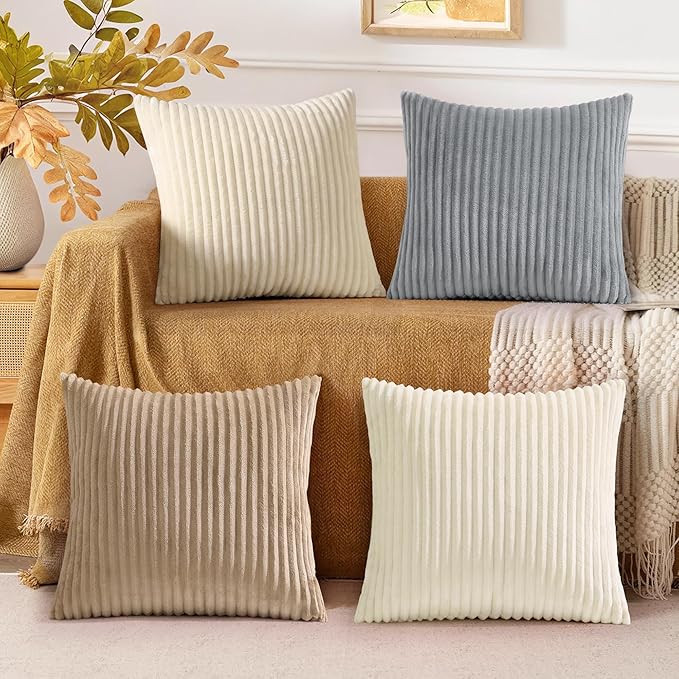 decorUhome Set of 4 Flannel Throw Pillow Covers 16x16 Inch, Spring Decorative Soft Double-Sided Fluffy Couch Pillow Covers, Farmhouse Neutral Pillow Cases for Sofa Living Room (Beige/White)